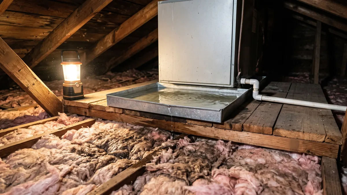 Attic air handler sitting in a secondary drain pan filled to the brim, dripping onto darkened insulation