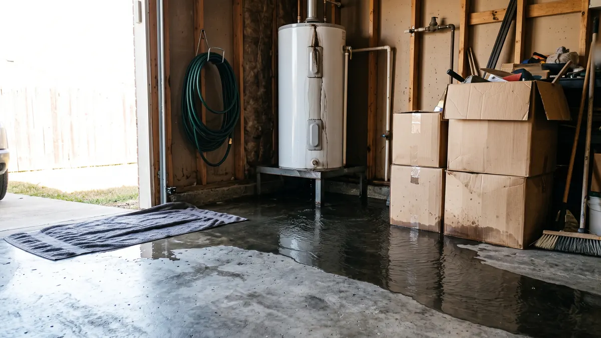 Water spreading across a garage floor from a failed water heater toward stored boxes