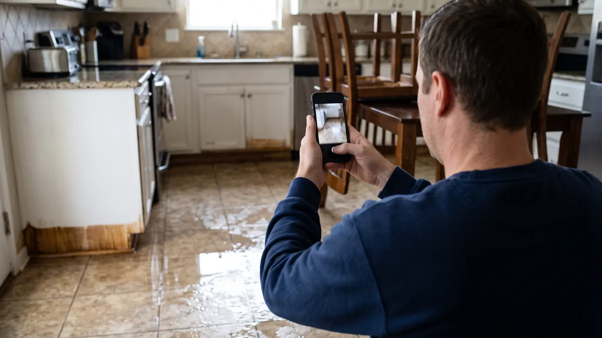 Homeowner seen from behind photographing a flooded kitchen floor with a phone
